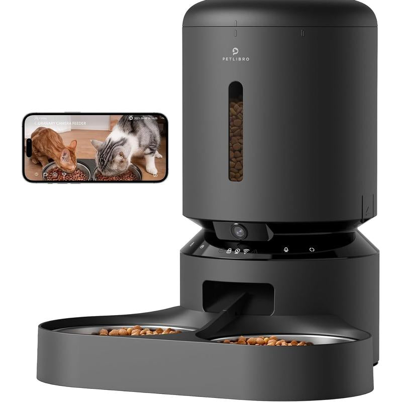 PETLIBRO 5L Automatic Cat Feeder with HD Camera for Two Cats, 1080P Video with Night Vision, 5G WiFi Connectivity, 2-Way Audio, Motion and Sound Alerts, Dual Tray Design, Black